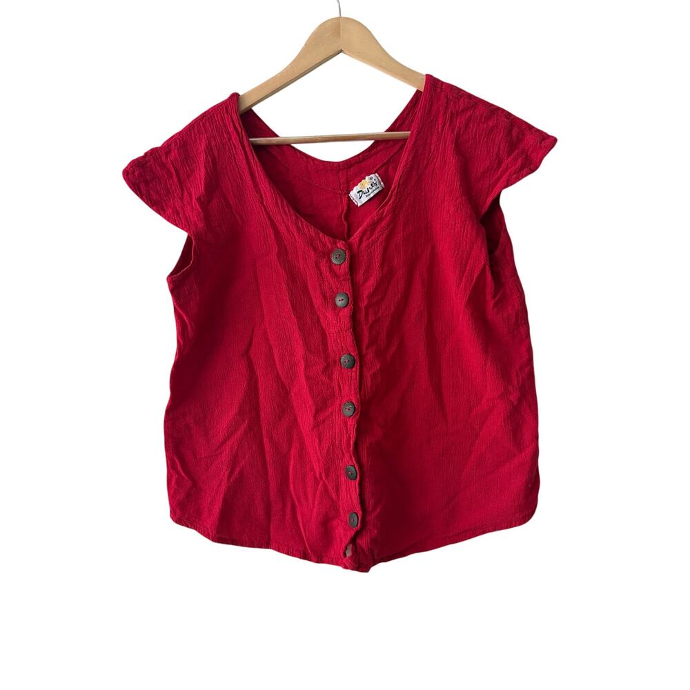 Dunes Cherry Red Cotton Gauze Blouse XS Button Front Cap Sleeve Boho Lagenlook